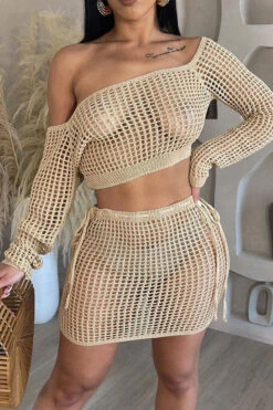 Knitted Hollow-Out Beachy Tie Side Dress Suit -Prettytina H23022381 KH 1