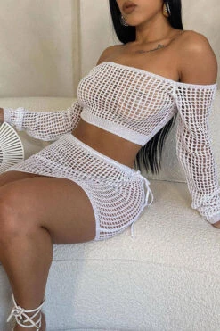 Knitted Hollow-Out Beachy Tie Side Dress Suit -Prettytina H23022381 WH 3