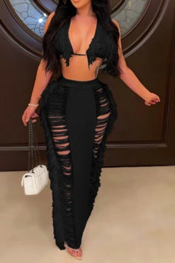 Solid Color Ripped On-trend Tassel Dress Suit -Prettytina H23022382 BK 3