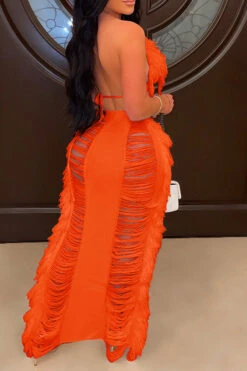 Solid Color Ripped On-trend Tassel Dress Suit -Prettytina H23022382 OR 3