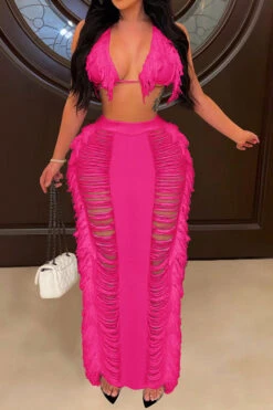 Solid Color Ripped On-trend Tassel Dress Suit -Prettytina H23022382 RR 1