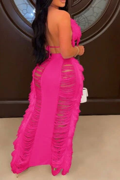 Solid Color Ripped On-trend Tassel Dress Suit -Prettytina H23022382 RR 2