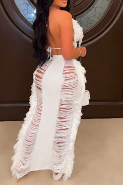 Solid Color Ripped On-trend Tassel Dress Suit -Prettytina H23022382 WH 3