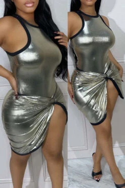 Gilding Patchwork Party Twisted High Split Dress Suit