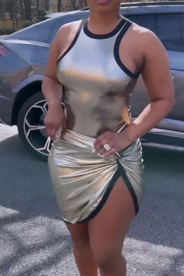 Gilding Patchwork Party Twisted High Split Dress Suit 4 Gilding Patchwork Party Twisted High Split Dress Suit - Image 4