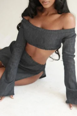 Solid Color Stylish High Split Denim Dress Suit -Prettytina H23022385 BK 4