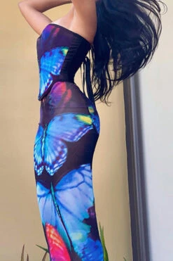 Butterfly Print Flattering Strappy Back Dress Suit 8 Butterfly Print Flattering Strappy Back Dress Suit -Prettytina H23022389 RT 4