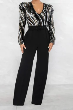 Sequined Party V Neck Belted Jumpsuit