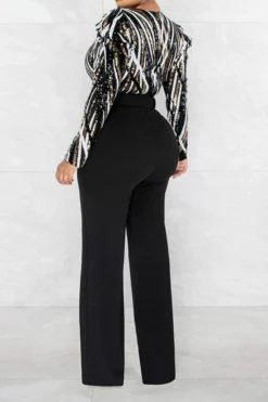 Sequined Party V Neck Belted Jumpsuit -Prettytina H23022392 BK 3