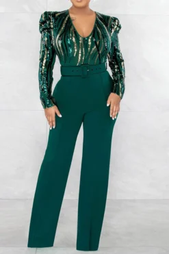 Sequined Party V Neck Belted Jumpsuit -Prettytina H23022392 GR 1