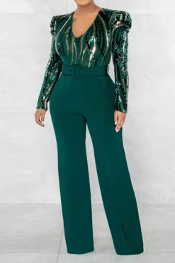 Sequined Party V Neck Belted Jumpsuit -Prettytina H23022392 GR 3