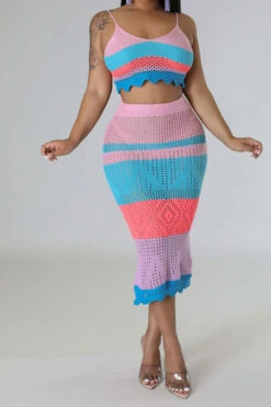 Color Block Tropical Knitted Cutout Dress Suit 12 Color Block Tropical Knitted Cutout Dress Suit -Prettytina H23030259 BL 1