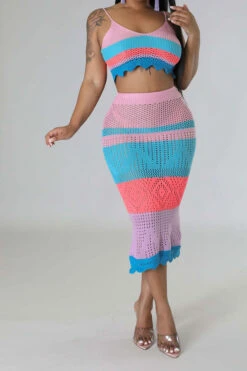 Color Block Tropical Knitted Cutout Dress Suit 13 Color Block Tropical Knitted Cutout Dress Suit -Prettytina H23030259 BL 2