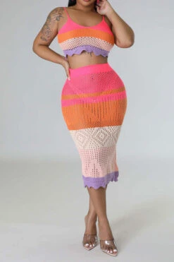 Color Block Tropical Knitted Cutout Dress Suit