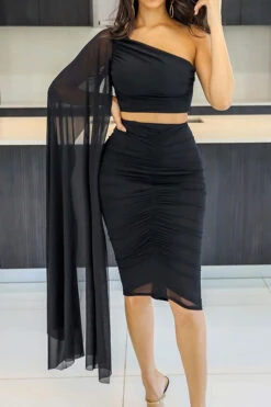 Solid Color Striking Cape Sleeve Dress Suit -Prettytina H23030265 BK 1