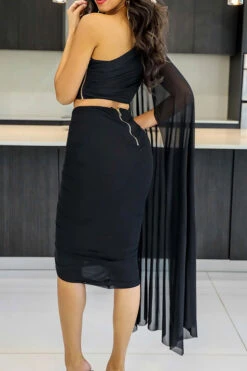 Solid Color Striking Cape Sleeve Dress Suit -Prettytina H23030265 BK 2