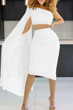 Solid Color Striking Cape Sleeve Dress Suit -Prettytina H23030265 WH 1