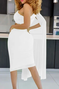 Solid Color Striking Cape Sleeve Dress Suit -Prettytina H23030265 WH 2