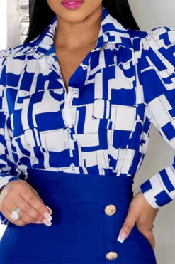 Leaf Print Commuting Button Decor Dress Suit -Prettytina H23030268 BL 2