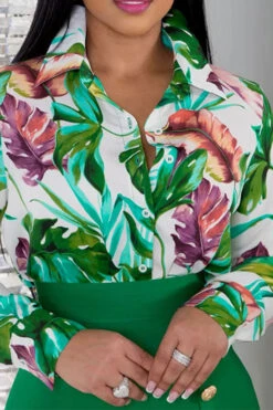 Leaf Print Commuting Button Decor Dress Suit -Prettytina H23030268 GR 2