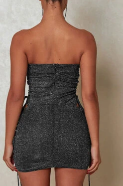 Solid Color Shimmery Drawstring Dress Suit -Prettytina H23030282 BK 4