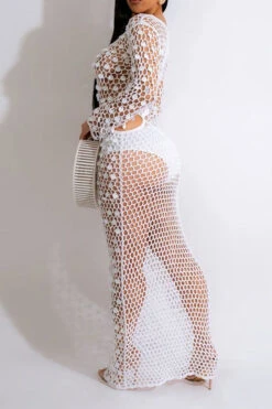 Sequined Romantic Cutout Crochet Maxi Dress -Prettytina H23030702 WH 2