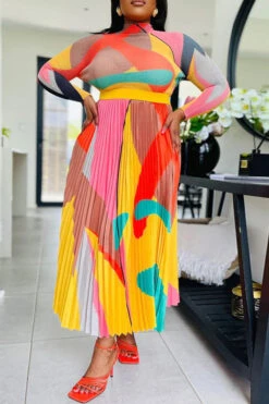 Abstract Print Classic Pleated Dress Suit -Prettytina H23030737 OR 3