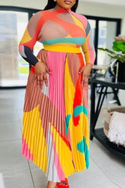 Abstract Print Classic Pleated Dress Suit -Prettytina H23030737 OR 4