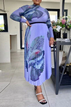 Abstract Print Classic Pleated Dress Suit -Prettytina H23030737 PU 1