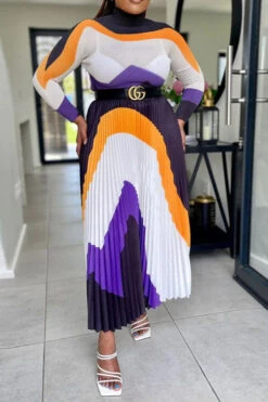 Abstract Print Classic Pleated Dress Suit -Prettytina H23030737 WH 1