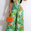 Leaf Print Strap Shirred Urban Wide Leg Jumpsuit