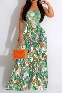 Leaf Print Strap Shirred Urban Wide Leg Jumpsuit -Prettytina H23030755 YE 1