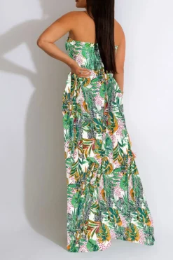 Leaf Print Strap Shirred Urban Wide Leg Jumpsuit -Prettytina H23030755 YE 2