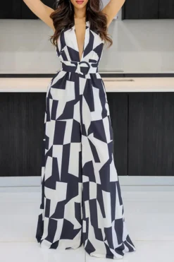 Geometric Print Commuting O-Ring Backless Jumpsuit -Prettytina H23030761 BK 3