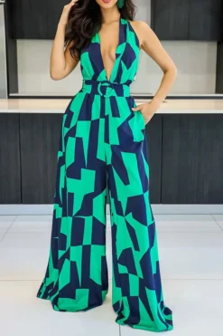 Geometric Print Commuting O-Ring Backless Jumpsuit -Prettytina H23030761 GR 3