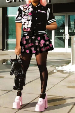 Cartoon Print Preppy Pleated Dress Suit -Prettytina H23030797 BK 4 b46ca39b 9182 4126 9f3a 544991d854ae