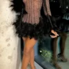Rhinestone Hot Feather Trim See-Through Mini Dress