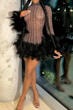 Rhinestone Hot Feather Trim See-Through Mini Dress