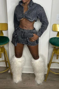 Solid Color On-trend Multi Pocket Denim Dress Suit