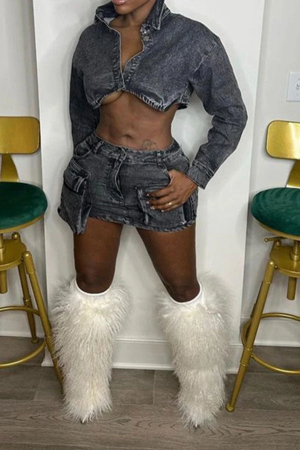 Solid Color On-trend Multi Pocket Denim Dress Suit 1 Solid Color On-trend Multi Pocket Denim Dress Suit