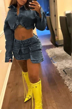 Solid Color On-trend Multi Pocket Denim Dress Suit 11 Solid Color On-trend Multi Pocket Denim Dress Suit -Prettytina H23030867 AS 5