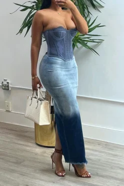 Gradient On-trend Split Back Denim Skirt -Prettytina H23030871 BL 6