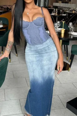 Gradient On-trend Split Back Denim Skirt -Prettytina H23030871 BL 7