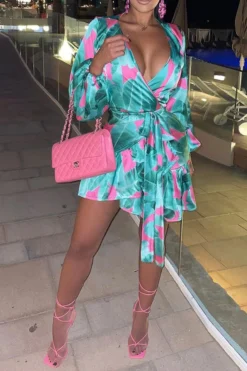 Leaf Print Rocking Lace-Up Ruffle Hem Mini Dress -Prettytina H23032014 GR 3