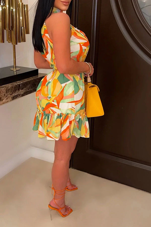 Floral Print Colorful Belted Ruffle Hem Mini Dress 2 Floral Print Colorful Belted Ruffle Hem Mini Dress - Image 2