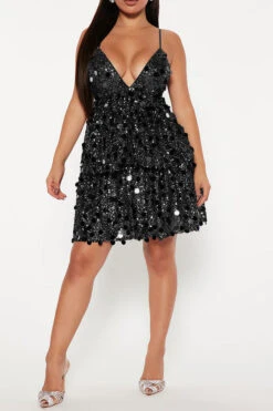 Sequined Stylish Deep V Neck Mini Dress
