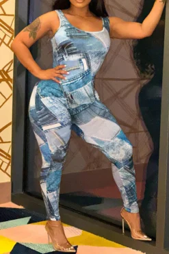 Denim Print Stylish Bodycon Jumpsuit