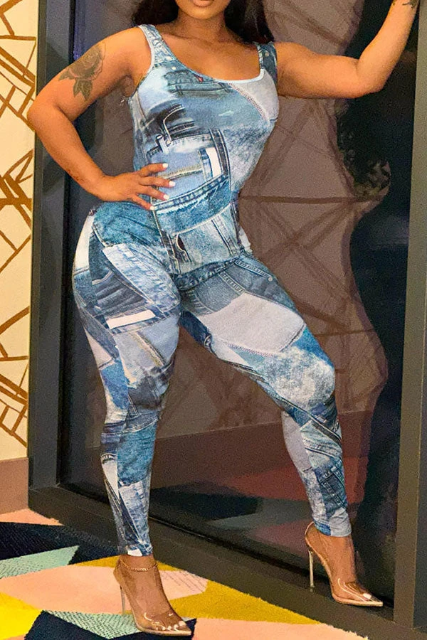 Denim Print Stylish Bodycon Jumpsuit 1 Denim Print Stylish Bodycon Jumpsuit