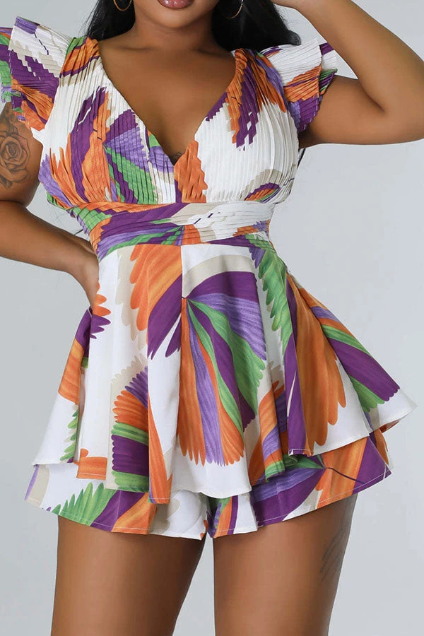 Leaf Print Cute Strappy Back Layered Ruffle Romper 3 Leaf Print Cute Strappy Back Layered Ruffle Romper - Image 3