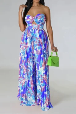 Floral Print Twisted Detail On-trend Pleated Jumpsuit -Prettytina H23032089 BL 2